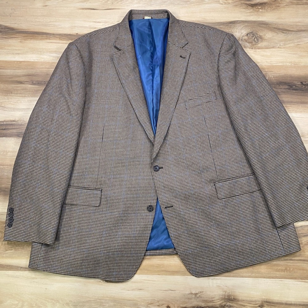 Oak Hill Sport Coat 54/56R 3XL Houndstooth Check Poly Viscose Blazer Brown Blue
